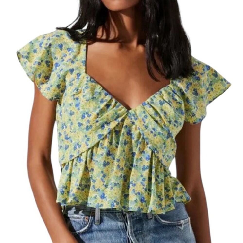 ASTR The Label Blue Yellow Floral V-Neck Flutter Sleeve Top Size Large